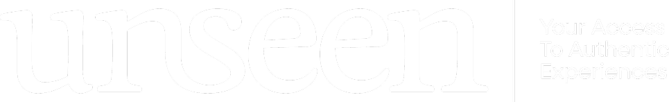 This image features the prominent word 'unseen' in white, bold typography. Alongside it, the phrase 'Your Access To Authentic Experiences' provides additional context. The word unseen in white text, next to 'Your Access To Authentic Experiences'.